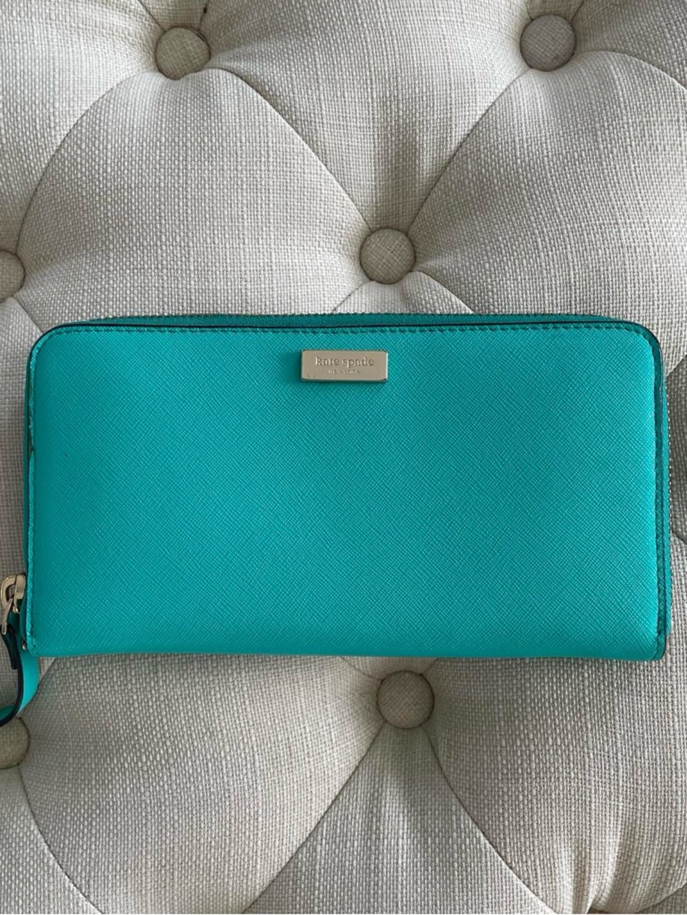 kate spade turquoise zip-around saffiano wallet with gold plaque